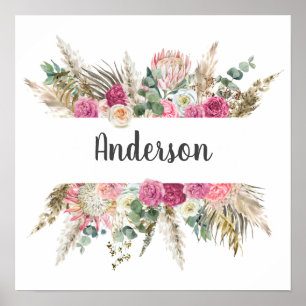 Poster Floral, Fleurs Monogramme Nom Mariage Don