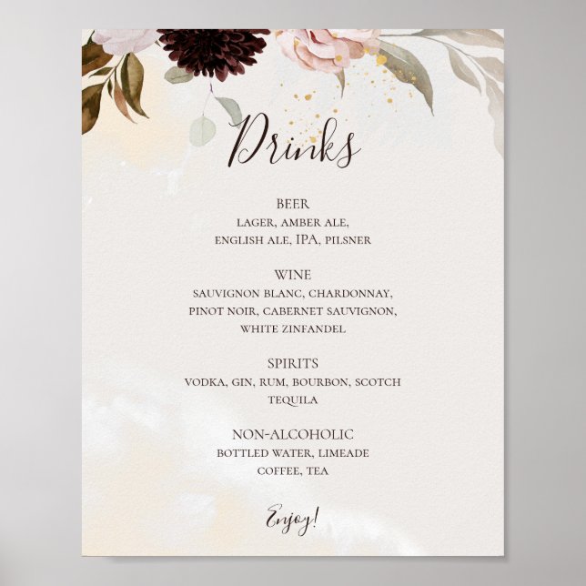 Poster Floral flush moderne | Menu boissons aquarelle (Devant)