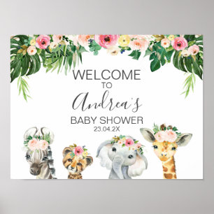 Poster Floral Foliage Safari Animaux Baby shower Bienvenu