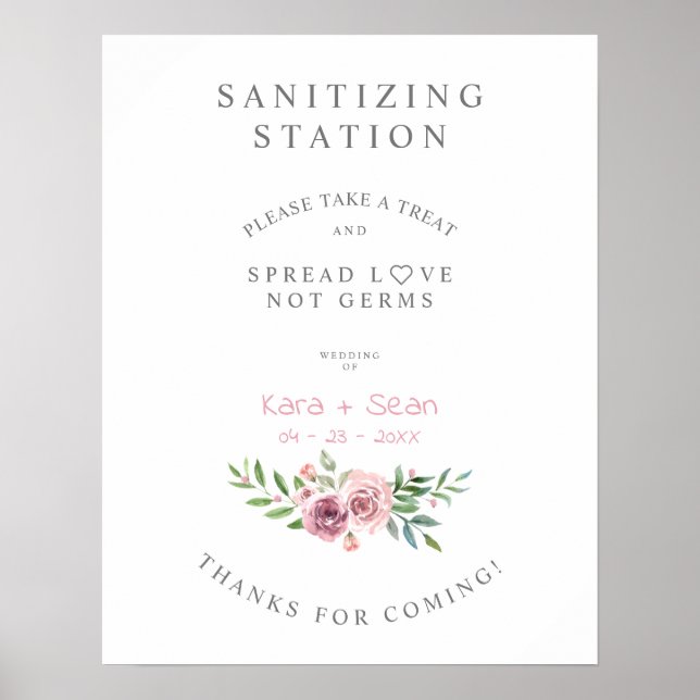 Poster Floral Garland Mariage Sanitizing Hand Gel Station (Devant)