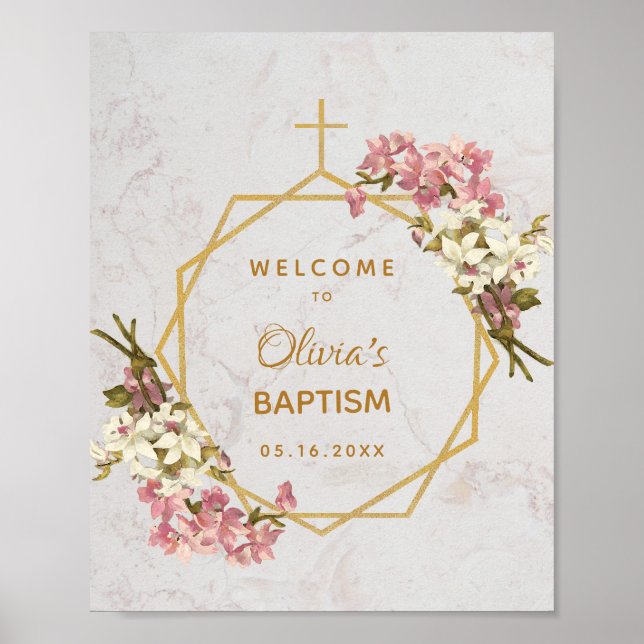 Poster Floral Girl Baptism Or Marbre Orchidées Bienvenue (Devant)