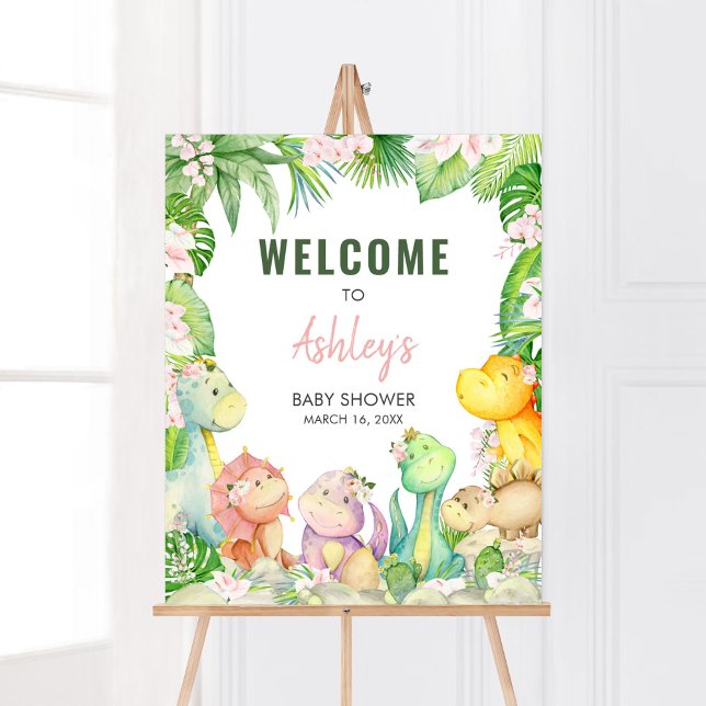 Poster Floral Girl Dinosaur Baby shower Bienvenue (Greenery Dinosaur Baby Shower Welcome Sign)