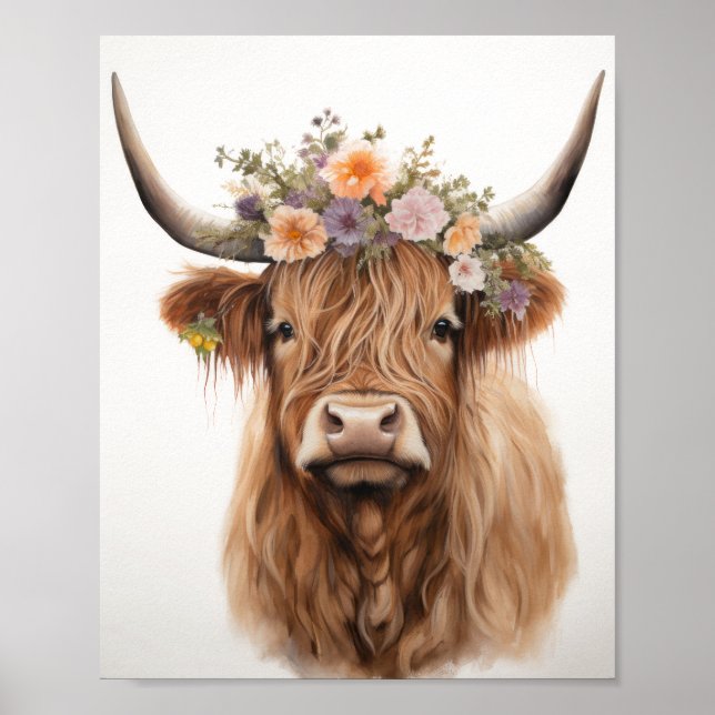 Poster Floral Highland Cow (Devant)