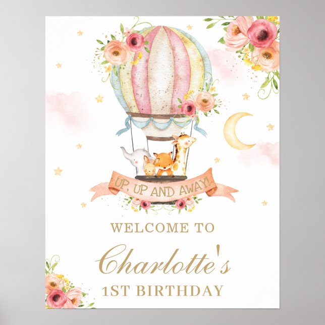 Poster Floral Hot Air Balloon Anniversaire Animaux Bienve (Devant)
