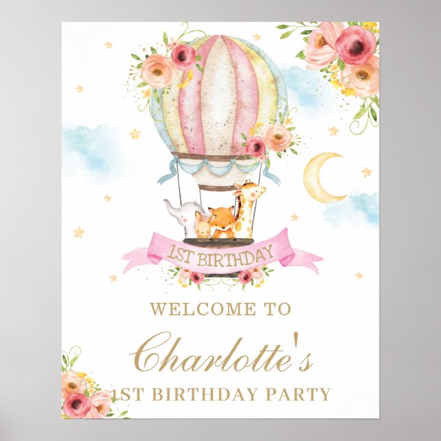 Poster Floral Hot Air Balloon Anniversaire Animaux Bienve (Devant)