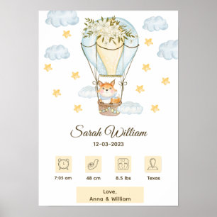 Poster Floral Hot Air Balloon Baby Fox statistiques de na