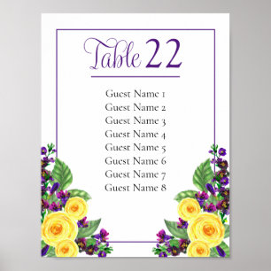 Poster Floral jaune   Violets Numéro de table Signe de si