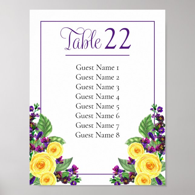 Poster Floral jaune | Violets Numéro de table Signe de si (Devant)