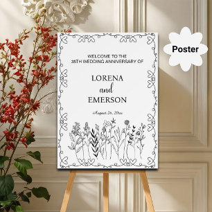 Poster Floral Line Art 35e anniversaire Mariage Bienvenue