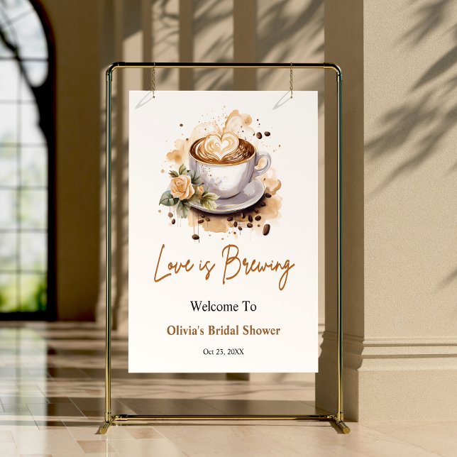 Poster Floral Love brasse Fête des mariées Brown Bienvenu (Floral Love is Brewing Brown Coffee Bridal Shower Welcome Sign )