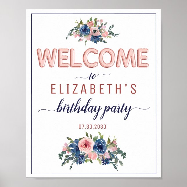 Poster Floral Marine Rose Gold Balloon Anniversaire Bienv (Devant)