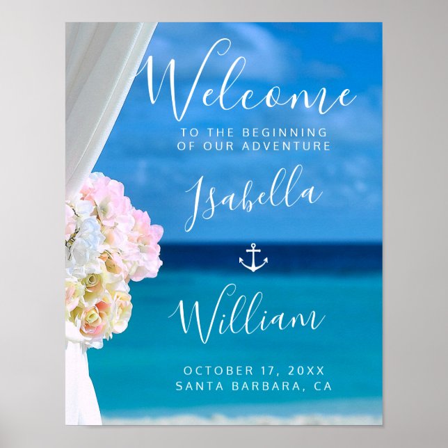 Poster Floral moderne Blue Ocean Beach Mariage (Devant)