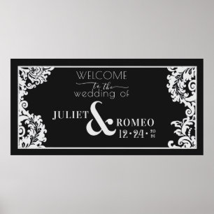 Poster Floral moderne noir et blanc élégant Damas
