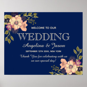 Poster Floral Navy Blue Welcome Mariage