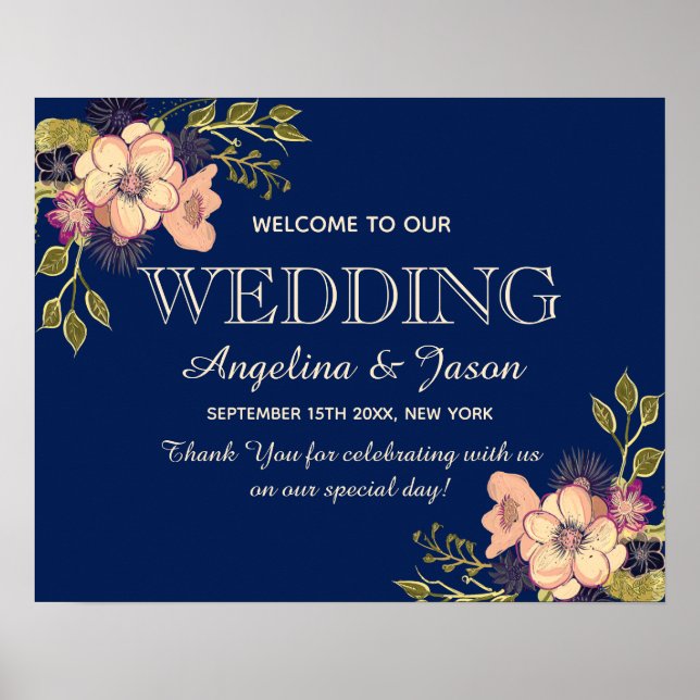 Poster Floral Navy Blue Welcome Mariage (Devant)