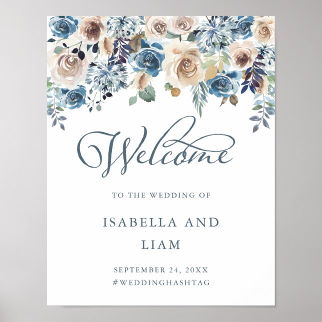 Poster Floral neutre et bleu | Bienvenue Mariage (Devant)