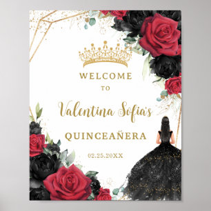Poster Floral noir et rouge Princesse Quinceañera Bienven