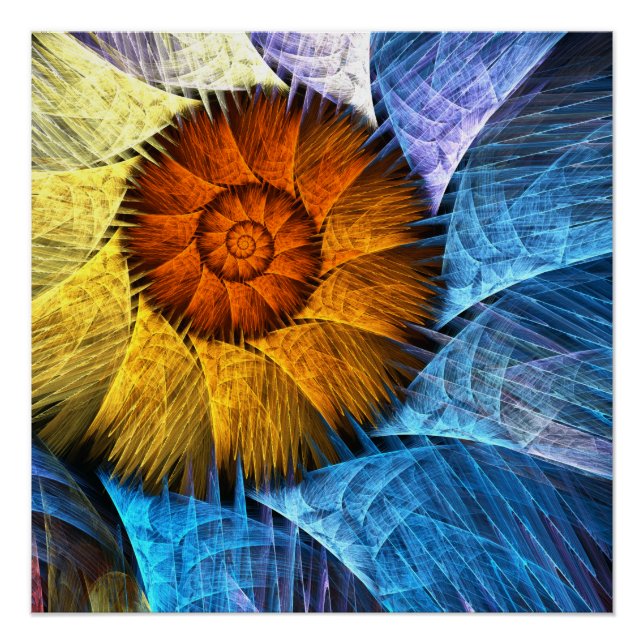 Poster Floral Orange Bleu Jaune Art Abstrait (Devant)