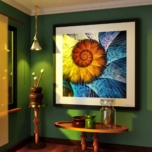 Poster Floral Orange Bleu Jaune Art Abstrait