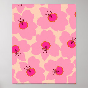 Poster Floral Orange Et Rose Retro