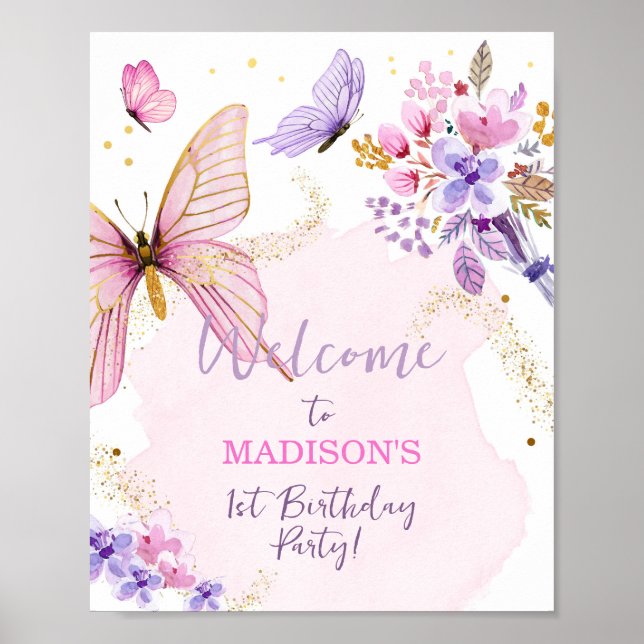 Poster Floral Papillon Jardin rose Fille Accueil d'annive (Devant)
