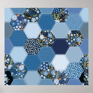 Poster Floral, patchwork de denim : motif bleu.