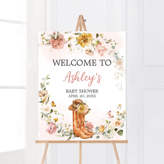 Poster Floral Petite Cowgirl Baby shower Bienvenue (Cowgirl Wild West Baby Shower Welcome Sign)