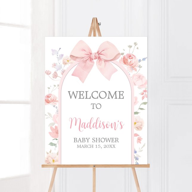 Poster Floral Pink Bow Baby dans l'Affiche de bienvenue d (Pink Bow Baby in Bloom Baby Shower Welcome Sign)