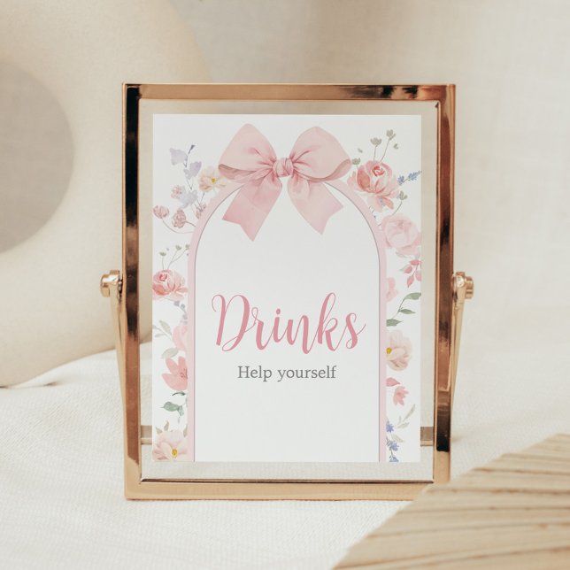 Poster Floral Pink Bow Baby in Bloom Baby shower Boissons (Pink Bow Baby in Bloom Baby Shower Drinks Sign)