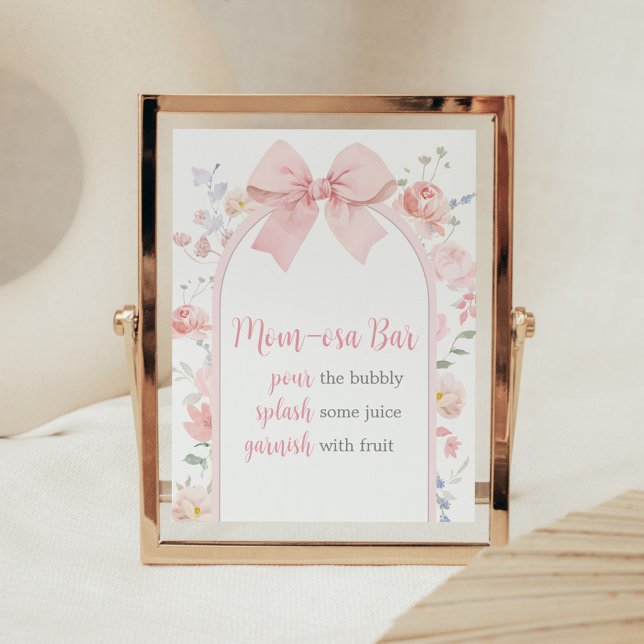 Poster Floral Pink Bow Baby in Bloom Maman Osa Bar (Pink Bow Baby in Bloom Baby Shower Mom Osa Bar Sign)