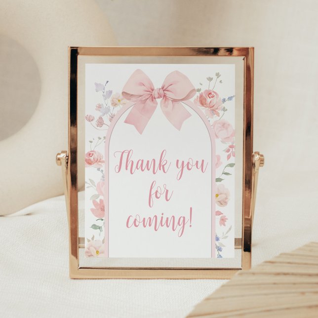 Poster Floral Pink Bow Baby in Bloom Merci pour venir (Pink Bow Baby in Bloom Baby Shower Thank you for Coming Sign)