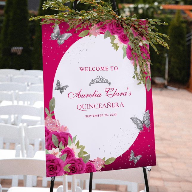 Poster Floral rose Argent Tiara Papillon Quinceañera (Créateur téléchargé)