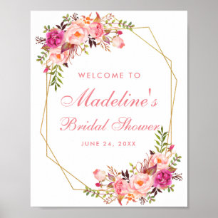 Poster Floral rose Bleu Fête des mariées Gold Bienvenue