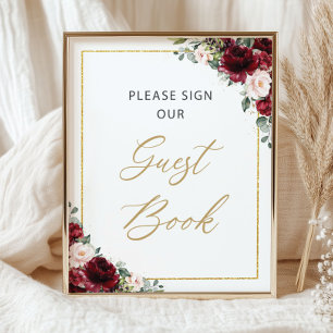 Poster Floral rose Bourgogne S'il vous plaît signer Livre