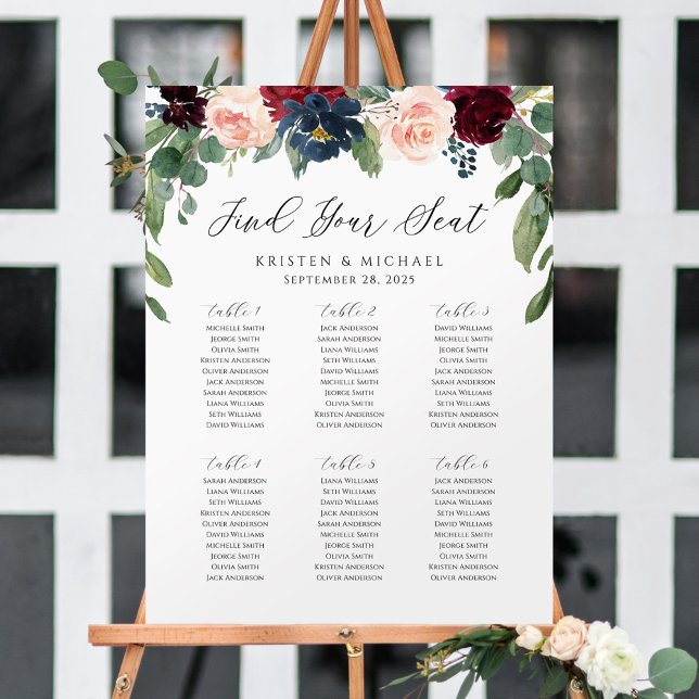 Poster Floral Rose Bourgogne Trouvez Votre Siège Carte (Créateur téléchargé)