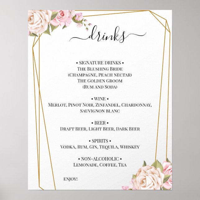 Poster Floral Rose Mariage Boissons Menu Signer (Devant)