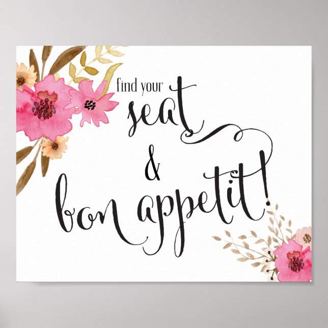 Poster Floral rose Trouvez votre siège et Bon Appetit Mar (Devant)