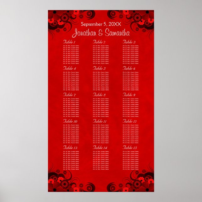 Poster Floral Rouge gothique 15 Tables Mariages Cartes de (Devant)