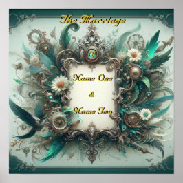 Poster Floral Steampunk Mariage vert et argent