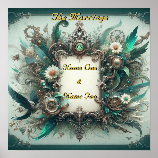 Poster Floral Steampunk Mariage vert et argent (Devant)