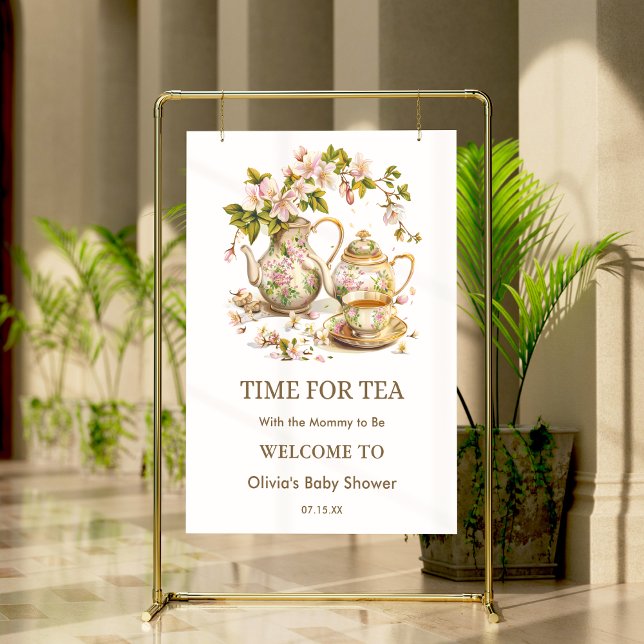 Poster Floral Teapot Time for Tea Baby shower Welcome (Floral Teapot Time for Tea Baby Shower Welcome Sign. )