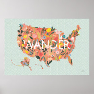 Poster Floral USA Map - Jardin sauvage
