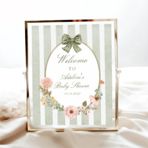 Poster Floral Vintage Boho Sage Green Baby shower Bienven