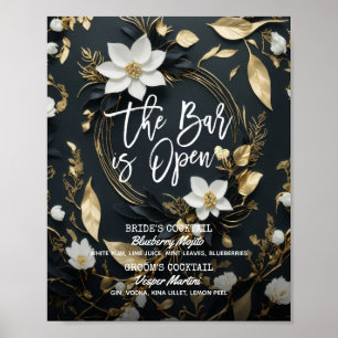 Poster Floral Wreath Mariage The Bar is Open Drink Menu
