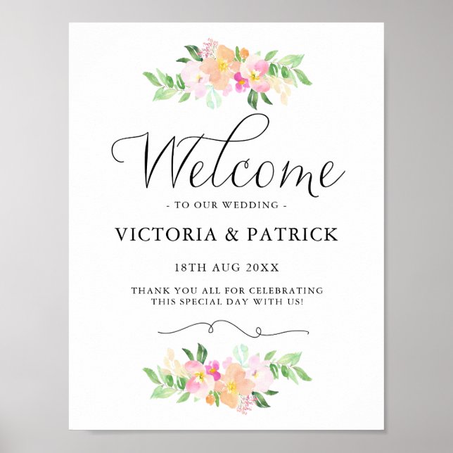 Poster Flore d'aquarelle Dainty Bienvenue à notre Mariage (Devant)
