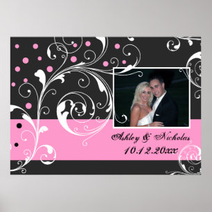 Poster Flore feuille de défilement noir rose mariage phot