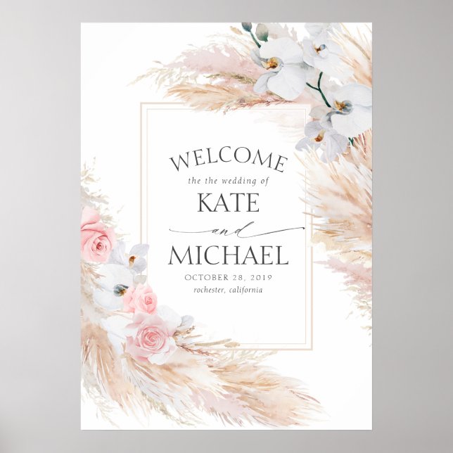 Poster Flore Pampas Grass Mariage tropical Bienvenue (Devant)