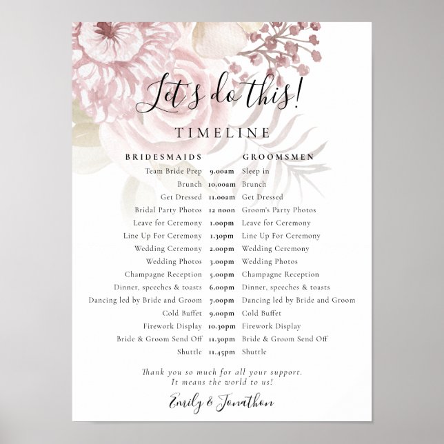 Poster Flore poussiéreuse Script rose Mariage Jour chrono (Devant)