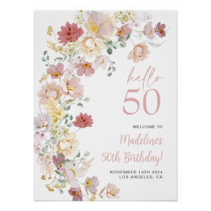 Poster Flore rose pâle 50e anniversaire Bienvenue
