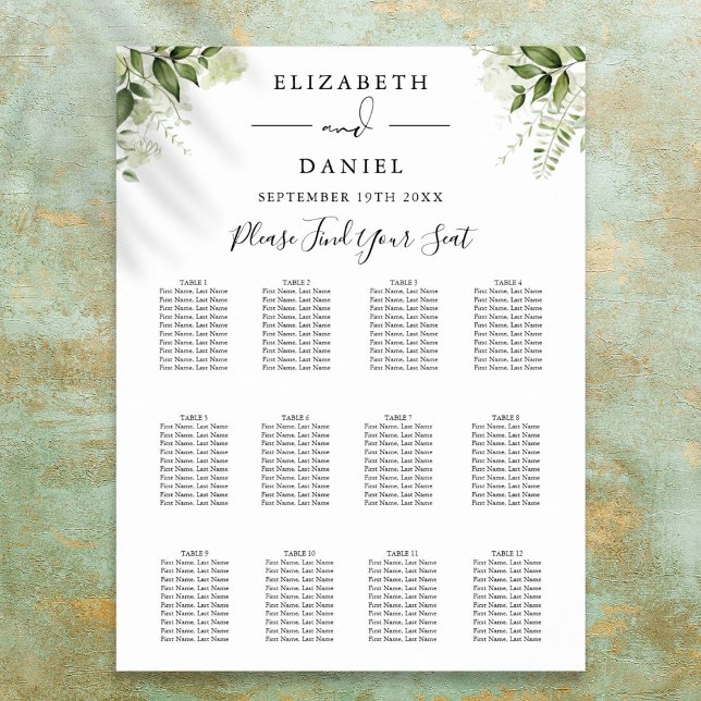 Poster Flore verdure Élégante carte de mariage (Floral Greenery Elegant Wedding Seating Chart)